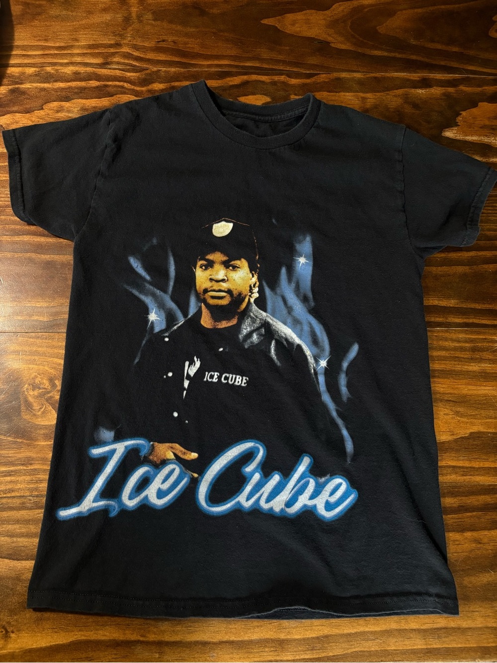 Ice Cube Graphic T-Shirt Black Blue Flames Hip Hop Rap Tee